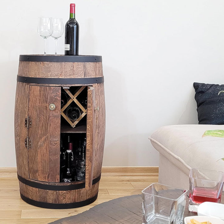 weeco Fassbar mit Tür und Weinhalter - Weinregal. Fass Hausbar Weinrack 80 cm. Rustikaler deko Barsc