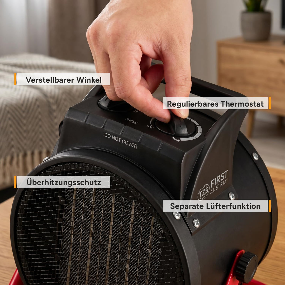 TZS First Austria - Keramik-Heizlüfter 3000W - Elektroheizer mit Thermostat, Überhitzungsschutz, Dre