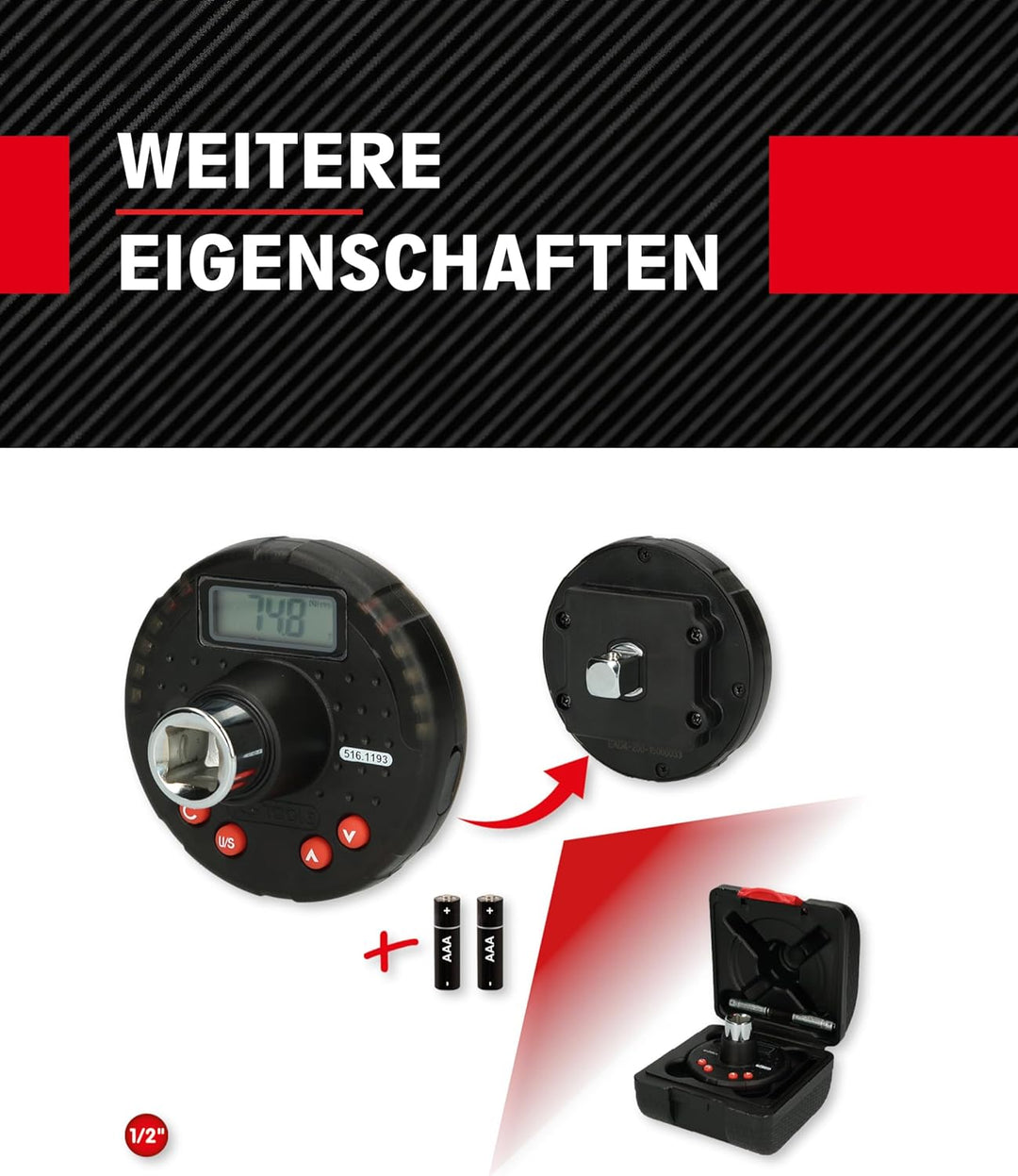 KS Tools Digitaler Drehmoment Adapter 1/2" mit Winkelmesser 516.1193 I 40-200 Nm I Adapter für Drehm
