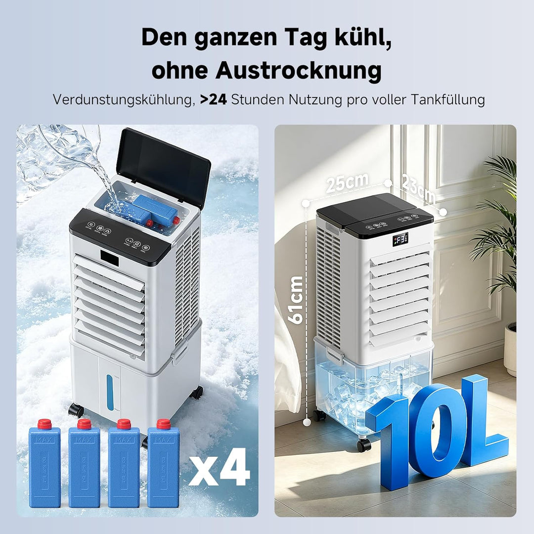 4-in-1 tragbares Klimagerät, Verdunstungsluftkühler mit 10L Wassertank, 4 Modi und 3 Geschwindigkeit