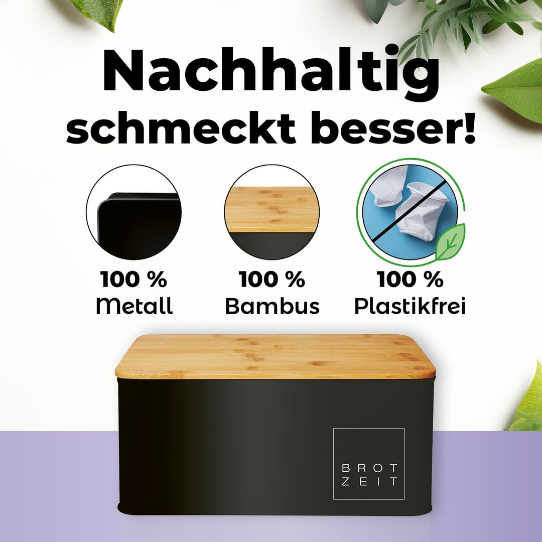 Lumaland Cuisine Brotkasten | Brotdose aus Metall mit Bambus Deckel | Brotbox rechteckig 30,5 x 23,5