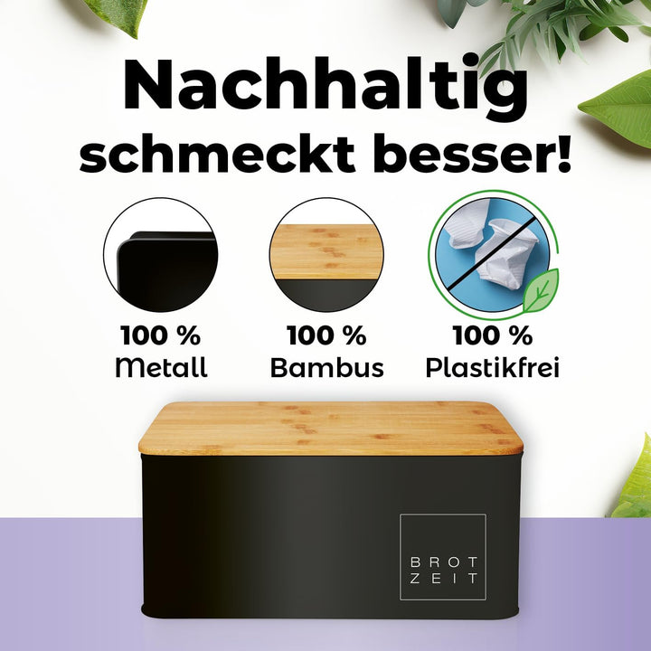 Lumaland Cuisine Brotkasten | Brotdose aus Metall mit Bambus Deckel | Brotbox rechteckig 30,5 x 23,5