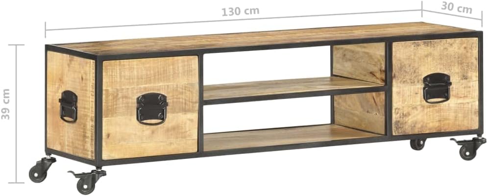 vidaXL Mangoholz Massiv TV Schrank mit 4 Rädern 2 Regalen 2 Schubladen Lowboard Fernsehschrank Ferns