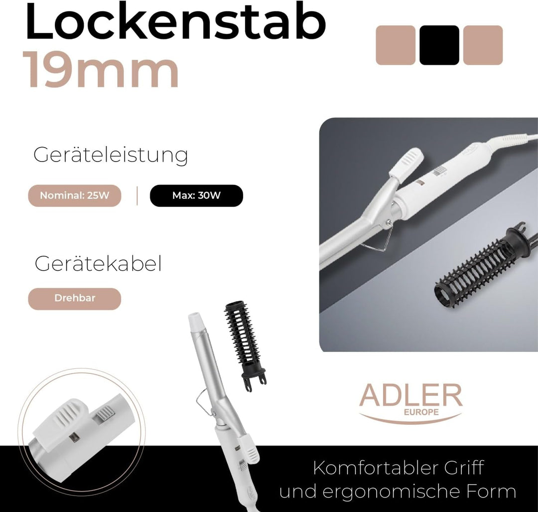 ADLER EUROPE AD 2105 Lockenstab Weiss – Keramik Heizstab mit PTC-System, 25W, einstellbare Bürste, m