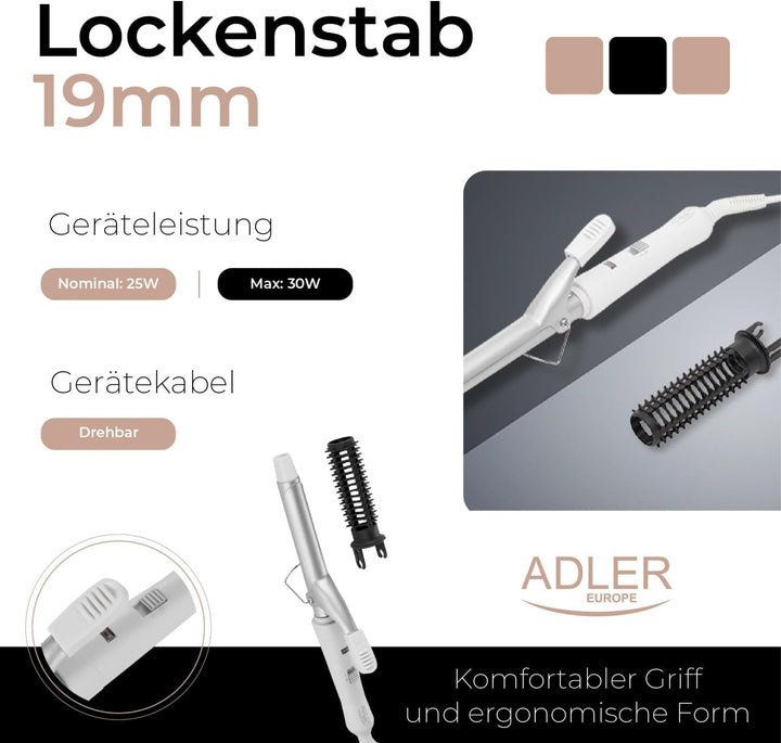 ADLER EUROPE AD 2105 Lockenstab Weiss – Keramik Heizstab mit PTC-System, 25W, einstellbare Bürste, m