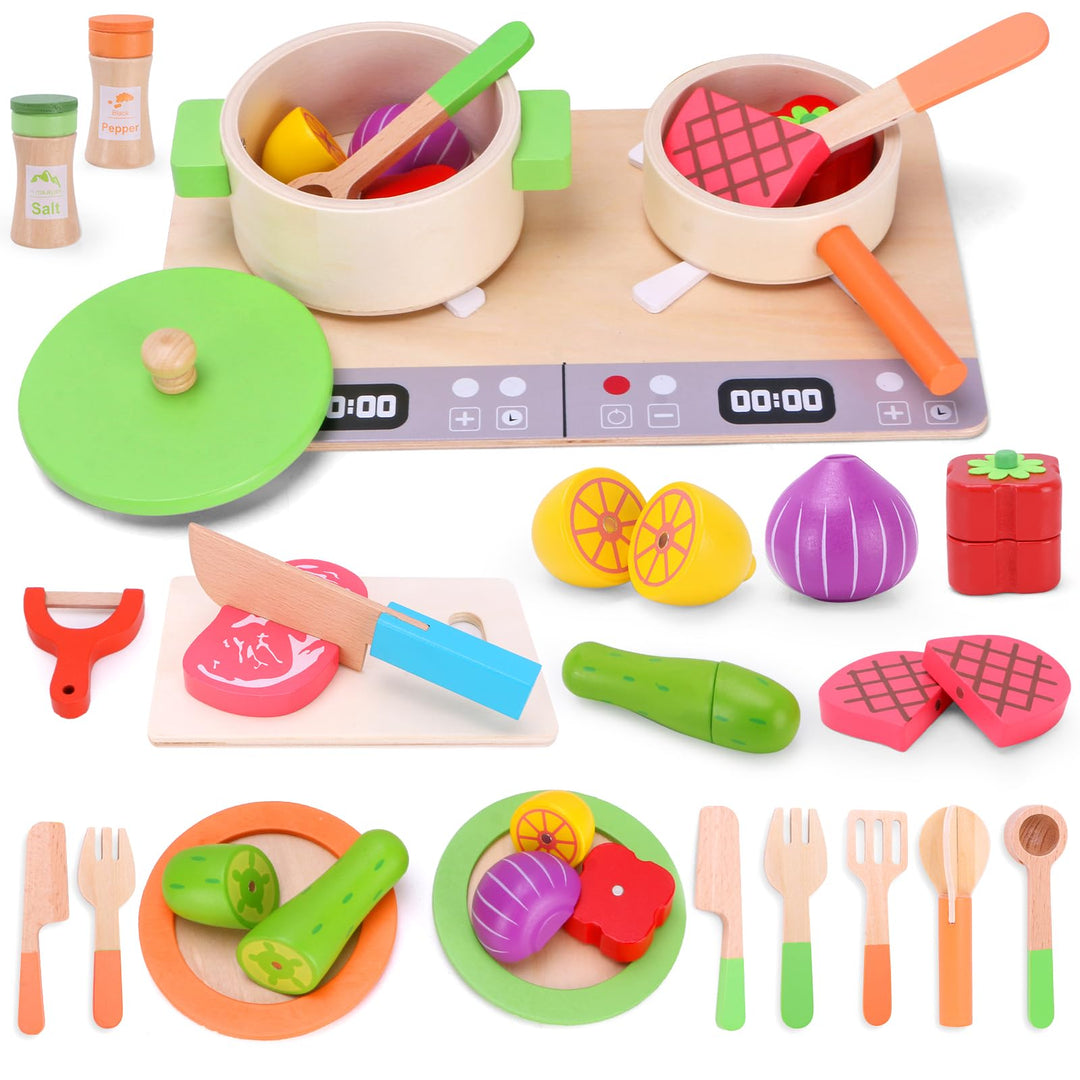 Kinderküche Zubehör Holz, Spielküche Zubehör, Holzspielzeug Inklusive Topfset Küchenspielzeug und Ob