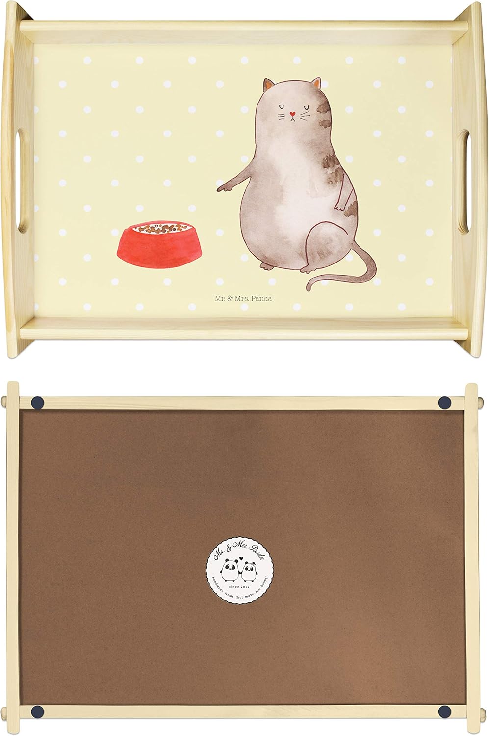 Mr. & Mrs. Panda Holztablett Katze Fressen - Geschenk, Frühstückstablett, Küchentablett, Katzenmotiv