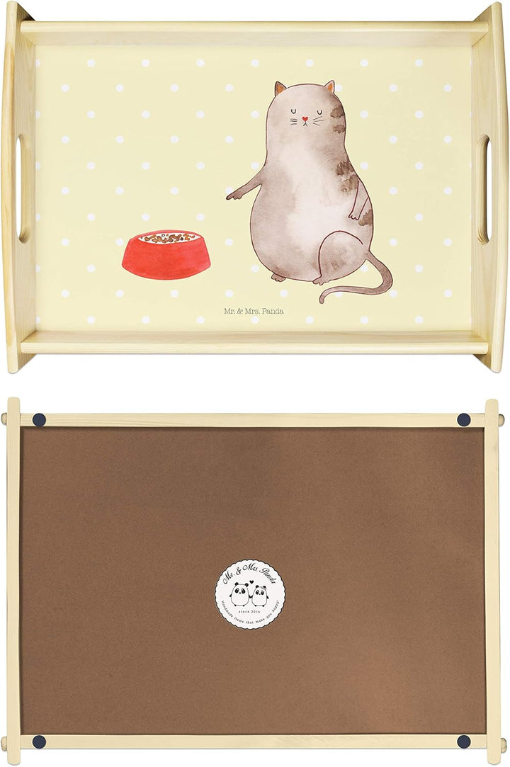 Mr. & Mrs. Panda Holztablett Katze Fressen - Geschenk, Frühstückstablett, Küchentablett, Katzenmotiv