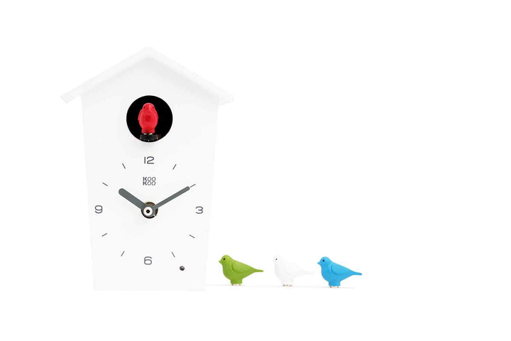 KOOKOO Birdhouse Mini Weiss, Design Kuckucksuhr mit 12 Vogelstimmen oder Kuckuck Weiss, Weiss