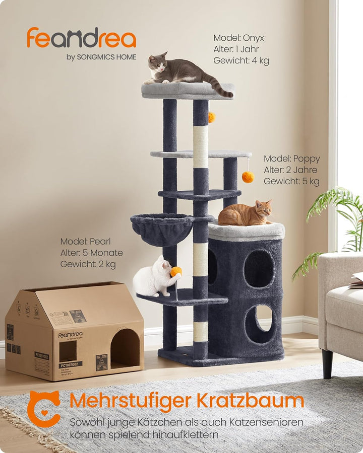Feandrea Kratzbaum, 152 cm hoch, mehrstöckiger Katzenbaum mit 2 grossen Höhlen, 1 Liegemulde, 3 Krat