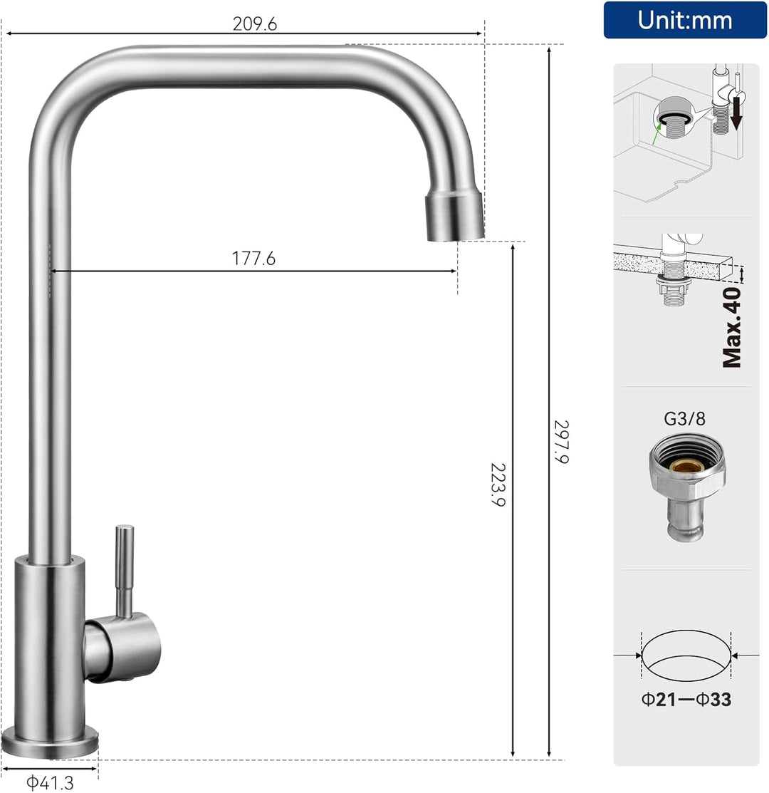CECIPA Kaltwasserhahn Edelstahl, 360° Drehbarer Wasserhahn Kaltwasser, Kaltwasser Armatur für Küche,