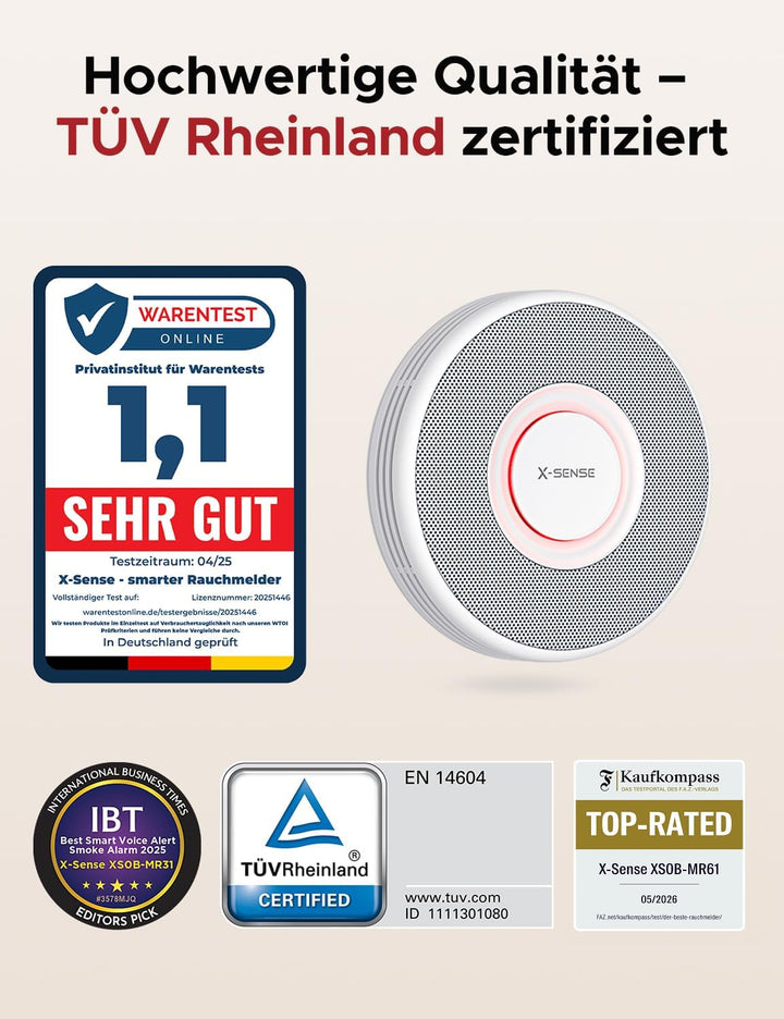 X-Sense Smarter Rauchmelder WLAN mit Sprachausgabe und 17 Standorten, Feuermelder, Rauchmelder verne