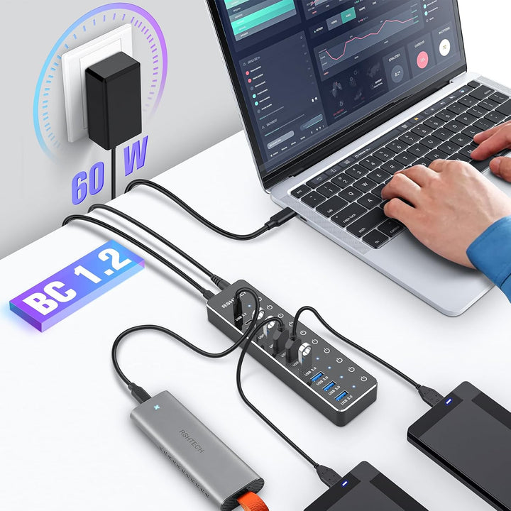 RSHTECH USB Hub 3.2 Aktiv mit Netzteil - Mit 3 10Gbps USB 3.2 und 7 5Gbps USB 3.0 - Insgesamt 10 Por