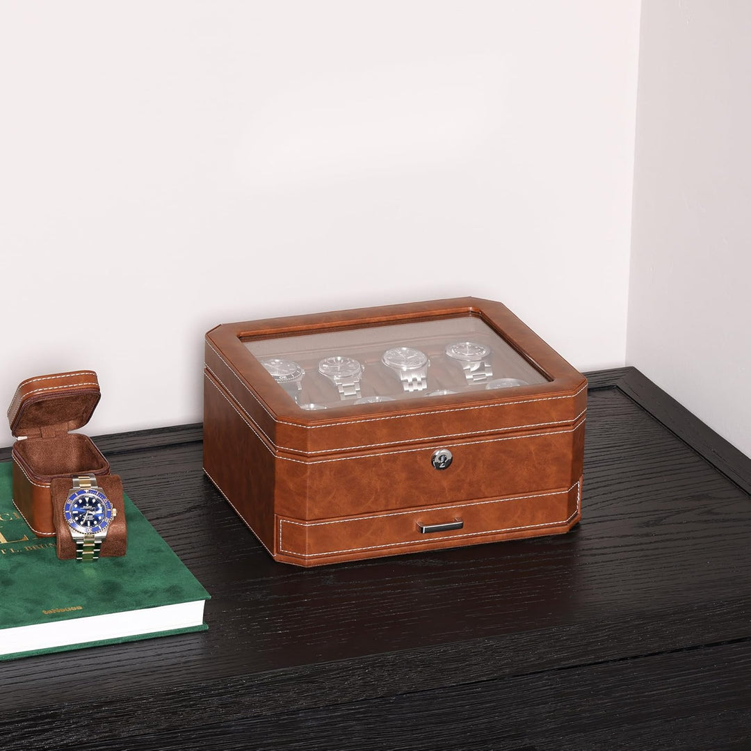 ROTHWELL Uhrenbox aus Leder mit 8 Schlitzen und Aufbewahrungsschublade – Luxus-Uhrengehäuse, Schmuck