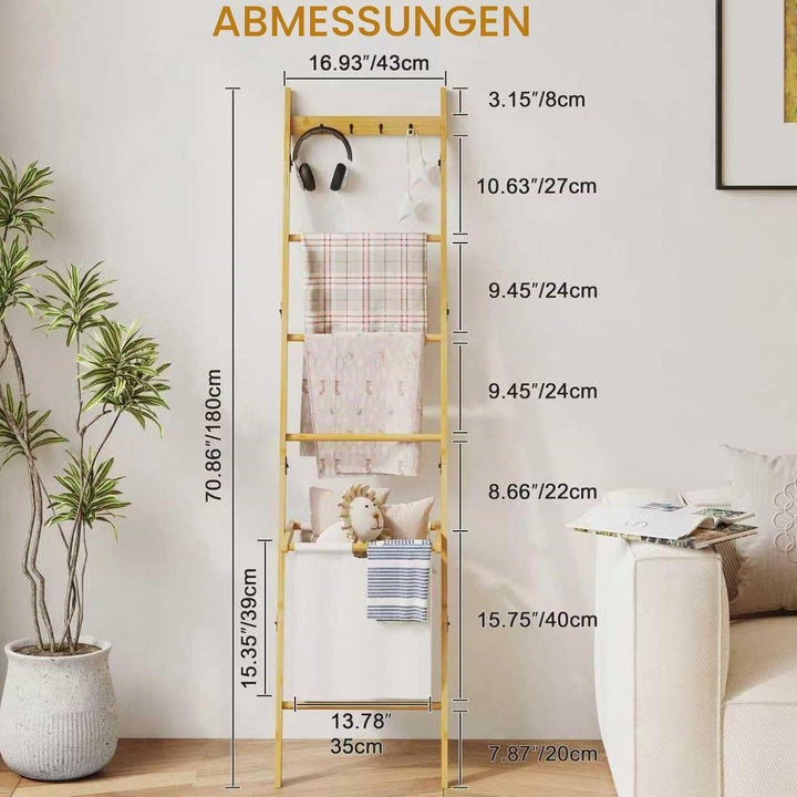BAMBANG Deckenleiter mit Korb, 5-stufige Decken- und Steppdeckenhalterung Leiter Handtuchhalter mit