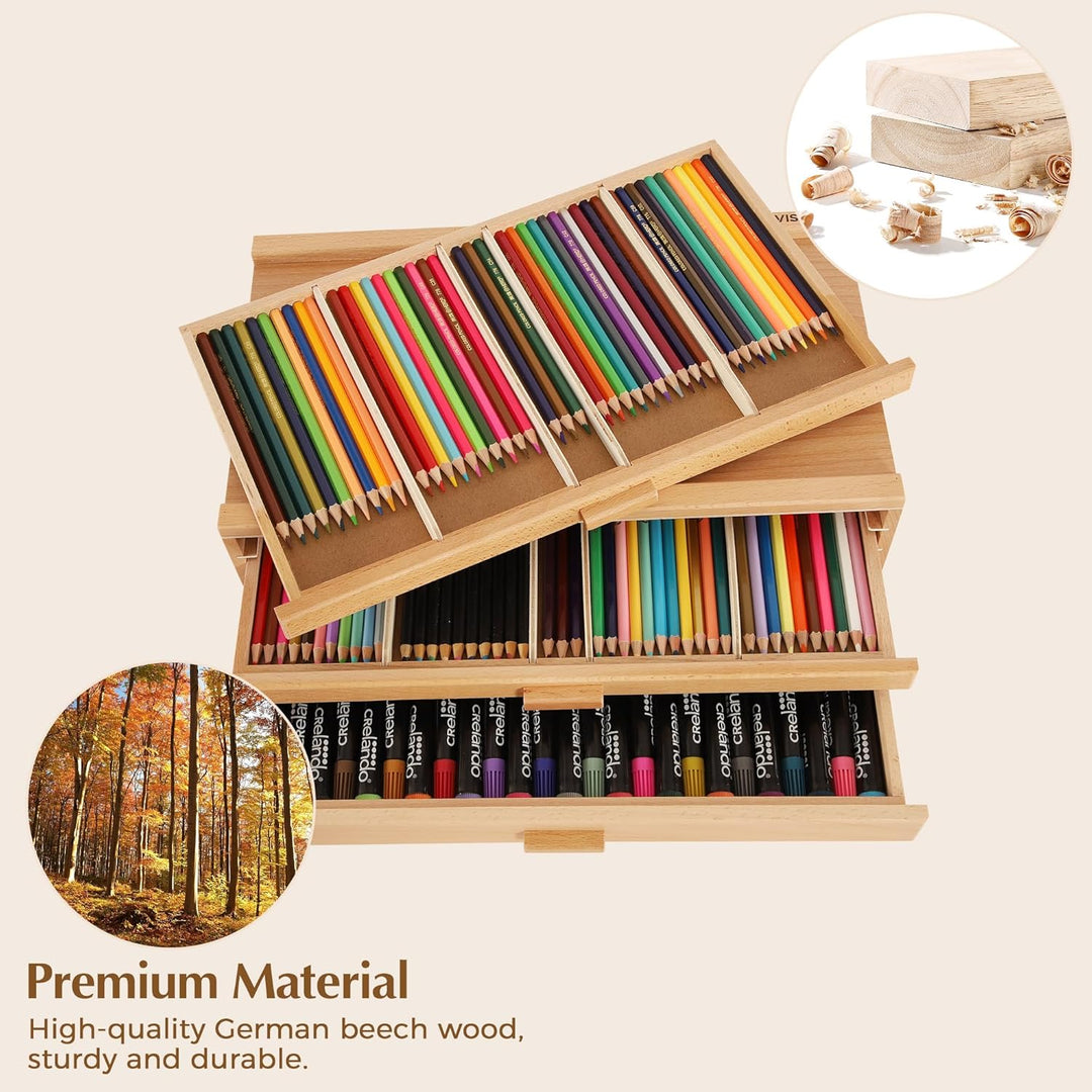 VISWIN 3-Schublade Holz Artist Supply Storage Box mit abnehmbaren Trennwänden, Premium Buche Holz Ar