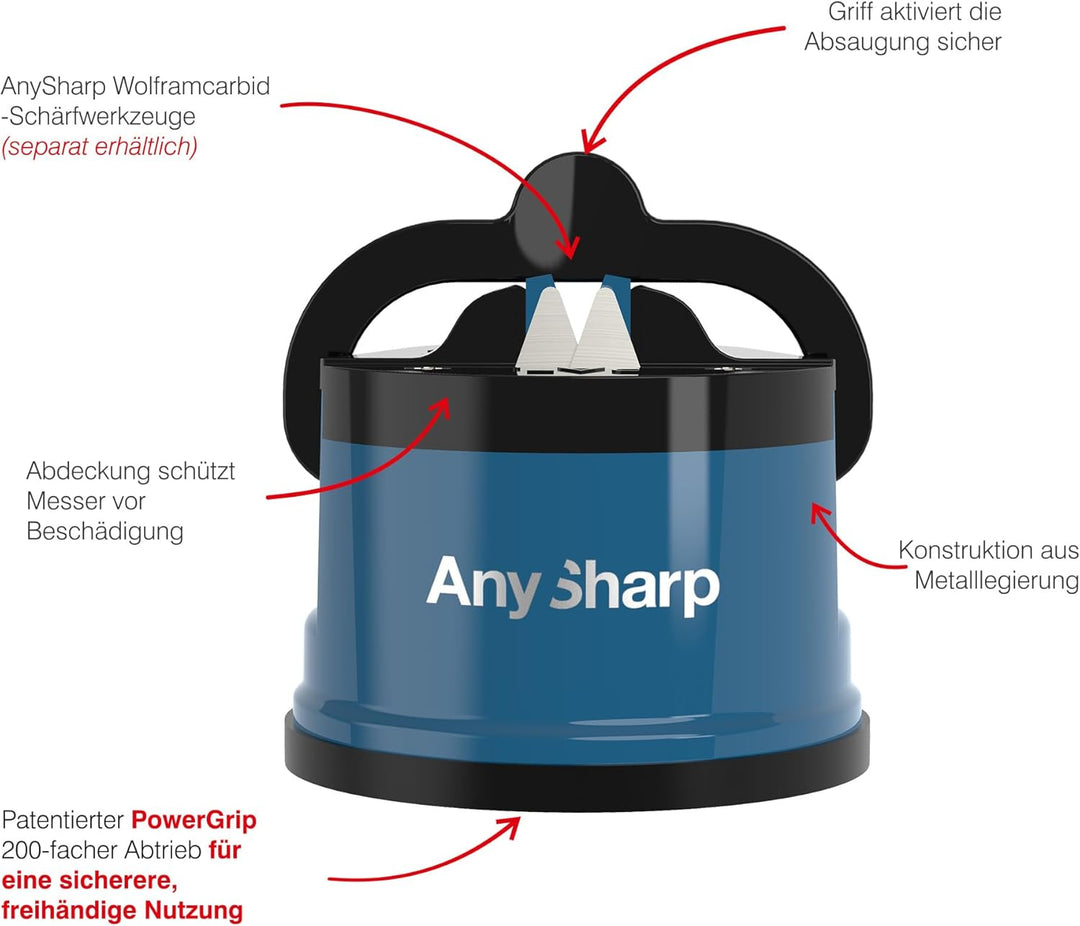 AnySharp Messerschärfer, Freihändige Sicherheit, PowerGrip Saugnapf, Sicheres Schärfen aller Küchenm