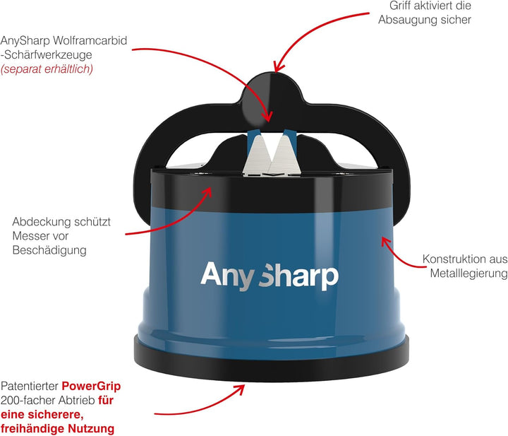 AnySharp Messerschärfer, Freihändige Sicherheit, PowerGrip Saugnapf, Sicheres Schärfen aller Küchenm