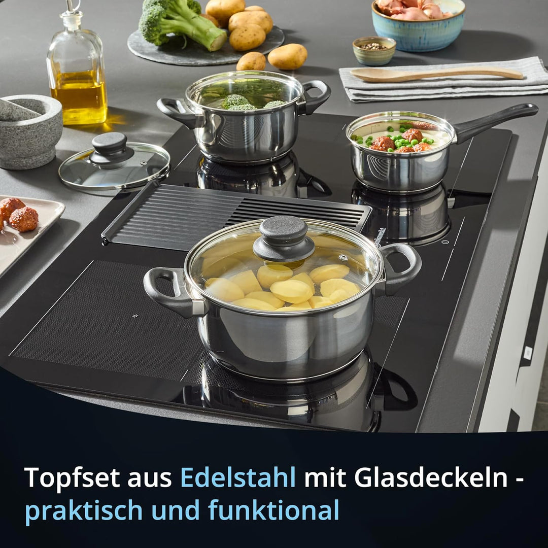 KHG Topfset 3-teilig Edelstahl Induktion, Kochtopf 16 cm, 20 cm mit Glasdeckel, Kasserolle 14 cm - T