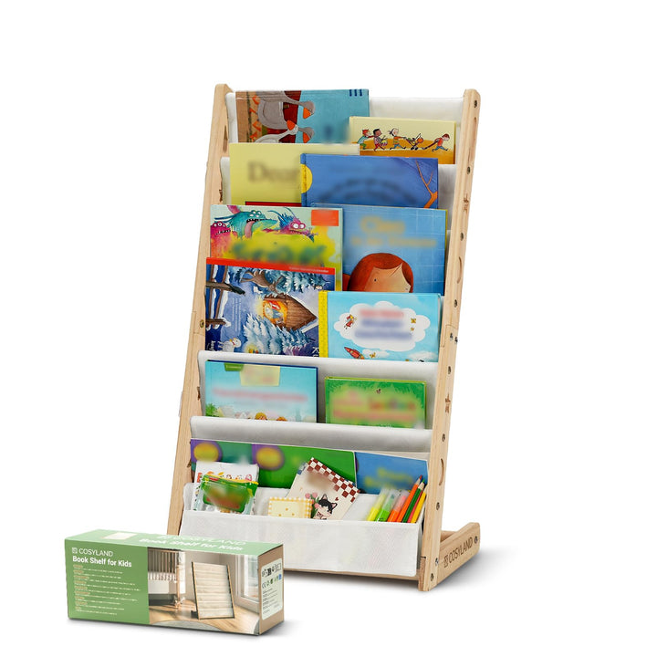 COSYLAND Montessori Bücherregal Kinder Holz - 45cm Montessori Regal mit 6 Oxford-Stoff Fächern - Kin