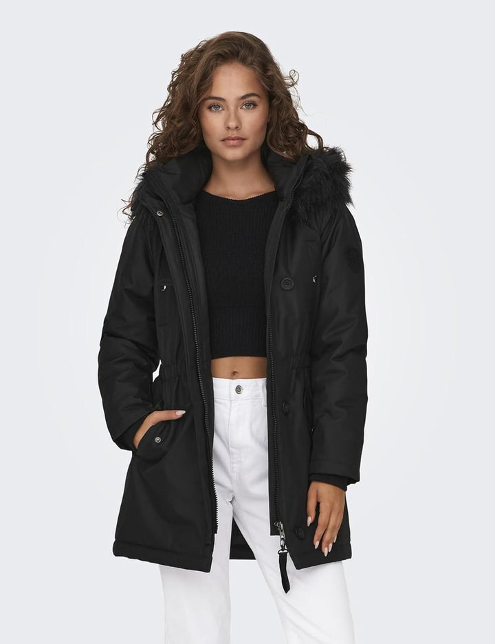 ONLY female Langer Parka Kapuze mit abnehmbarem Kunstfell-Rand Gerippte Ärmelbündchen Parka L Black