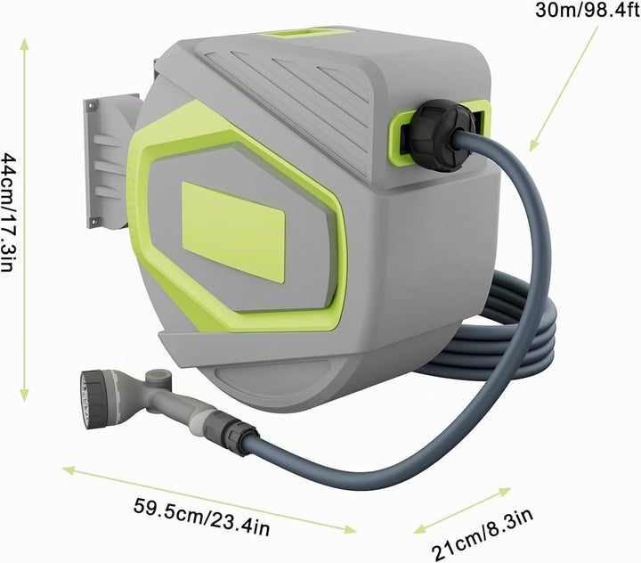 YRHome 30m Gartenschlauch Schlauchtrommel Wandmontage, Automatik Aufrollfunktion, 10 Funktionen Sprü