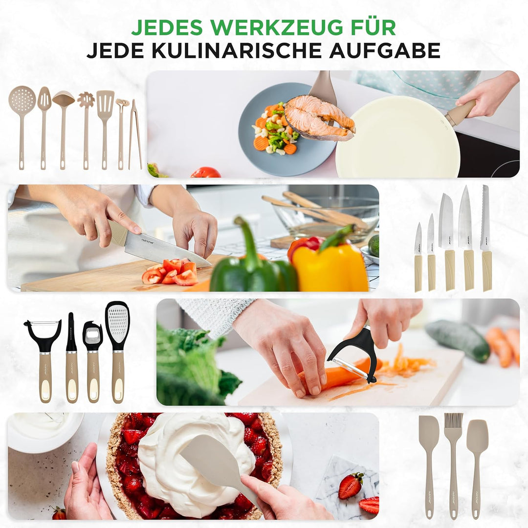 NutriChef Kochgeschirr Set 54-tlg – Pfannen, Töpfe, Küchenhelfer Taupebraun– Mit Messer, Backformen,