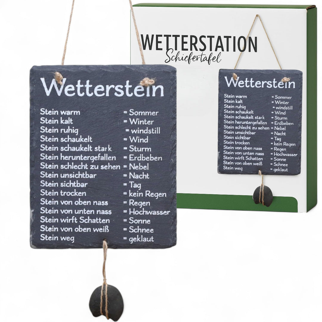 MIJOMA Wetterstein Schiefertafel – Wetterstation aus Schiefer mit Juteband – rustikale Deko für Gart