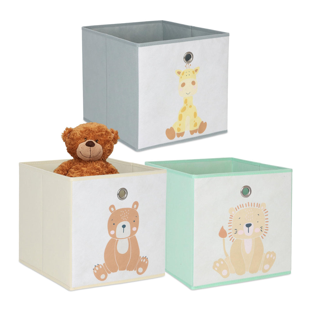 Relaxdays 3er Set, Kinder Aufbewahrungsboxen, süsse Tier-Motive, Faltbox für Würfelregale, HBT: 30x3