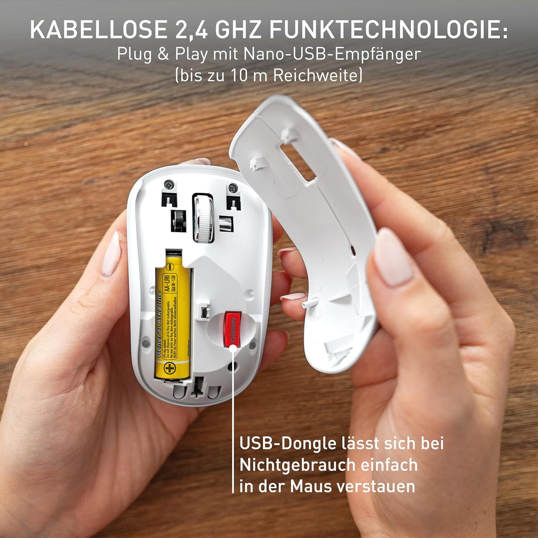 CHERRY MW 2200, Kabellose Laptop-Maus, 2,4 GHz Funk, Beidhändig Bedienbar, 1300 DPI, Verchromtes Scr