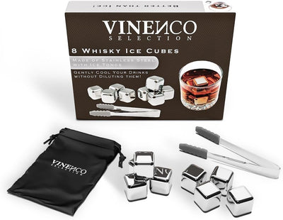 Whisky Steine Set - 8 Wiederverwendbare Edelstahl Eiswürfel, Zange + Stoffbeutel, Whiskey Ice Cubes