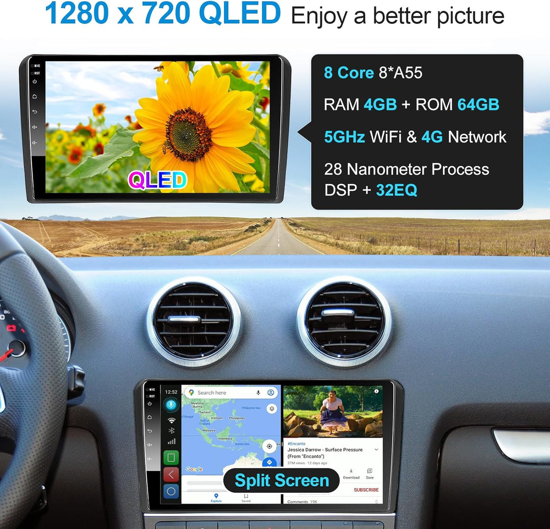 Android Autoradio mit Navi Bildschirm Carplay Android Auto für Audi A3 S3 RS3 2003-2012,9 Zoll 4GB+6