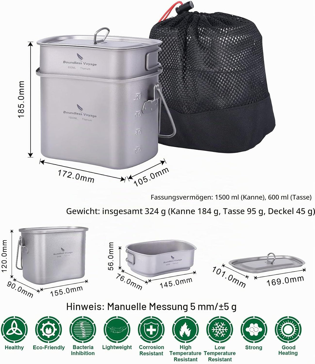 iBasingo Titan Kantine Becher Set 1500ml 600ml Outdoor Camping Kochgeschirr Tragbares Ultraleicht Ko