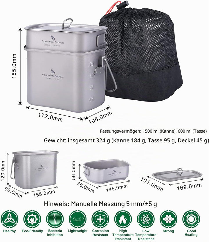 iBasingo Titan Kantine Becher Set 1500ml 600ml Outdoor Camping Kochgeschirr Tragbares Ultraleicht Ko