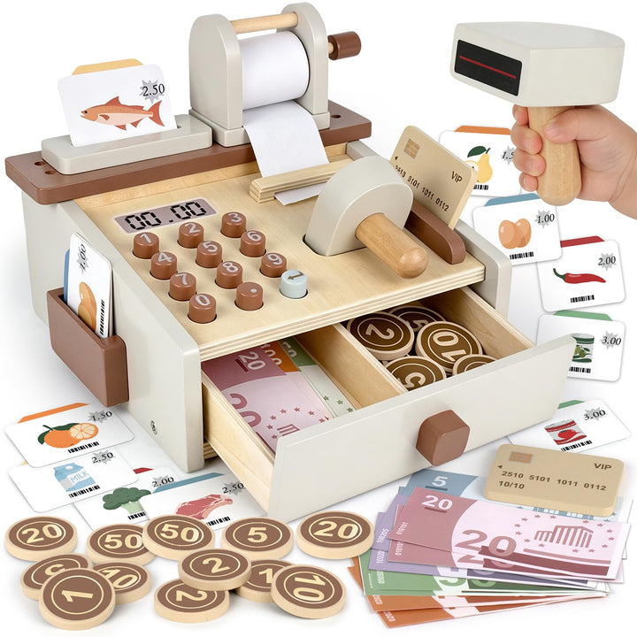 Airlab Kaufladen Zubehör Holz Kasse Spielzeug, Holzspielzeug Kasse Kinder, Kinderkasse mit Scanner S