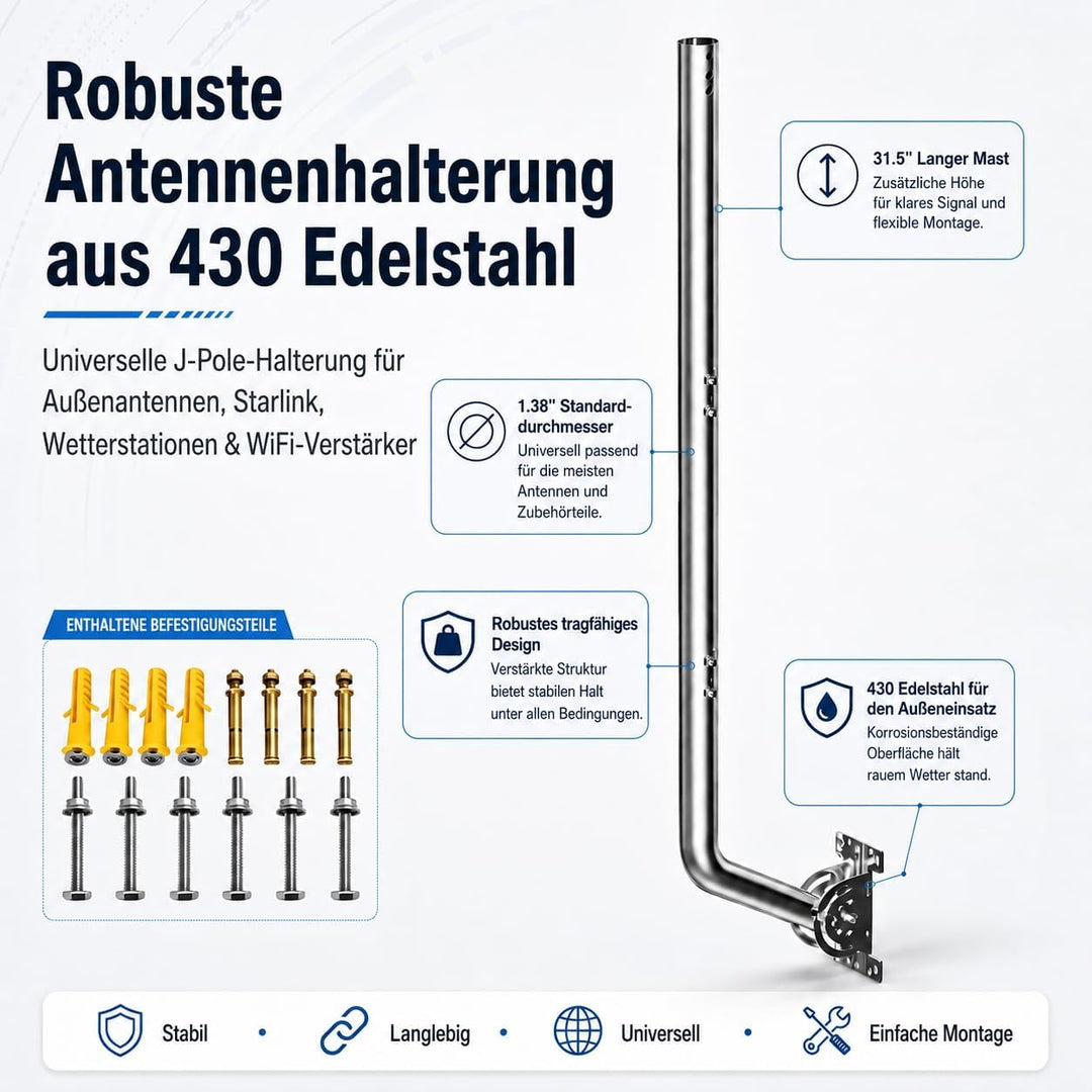 Universeller Antennenmast für Fernseh-, Satelliten-, Radio- und WLAN-Antennen - Verstellbarer Stände