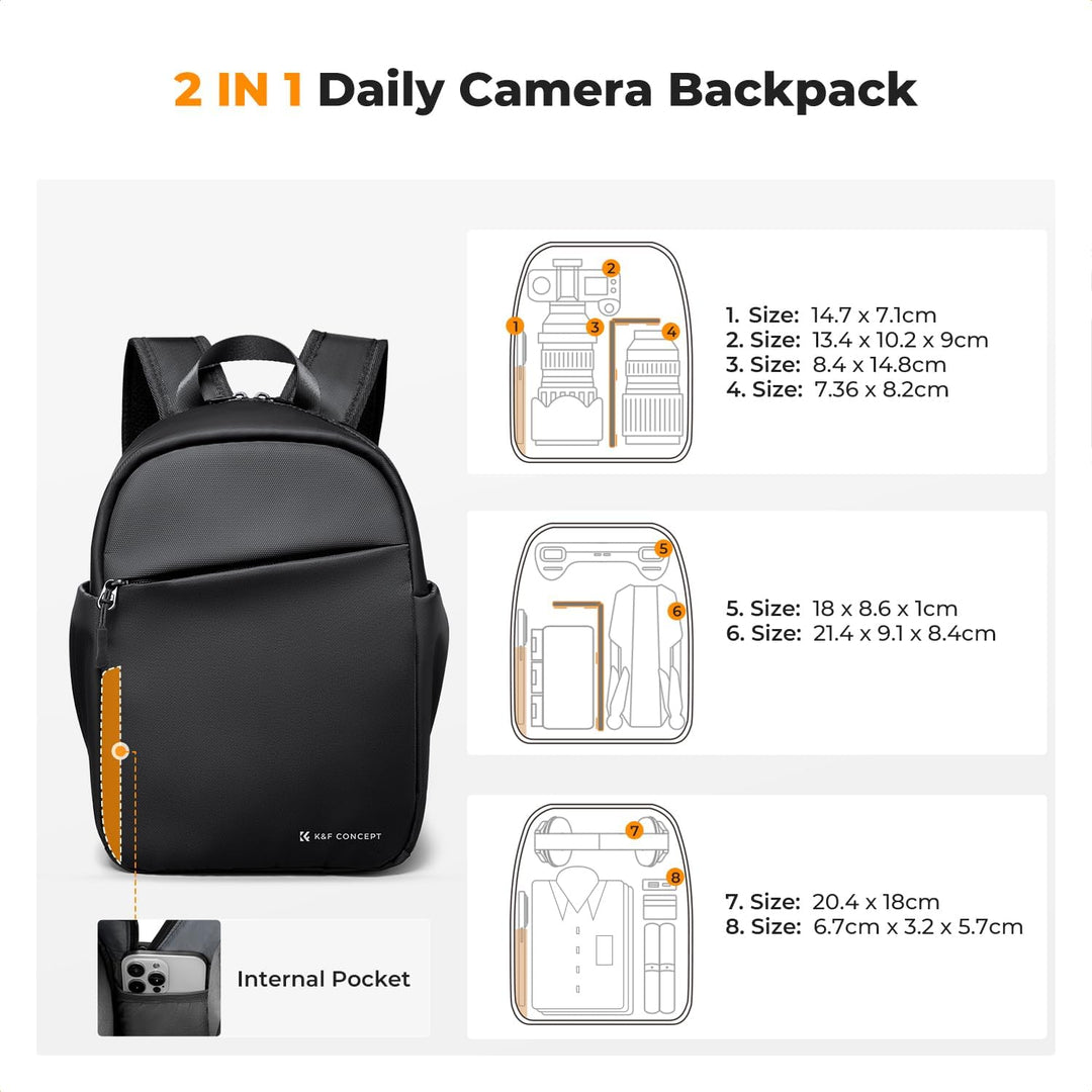 K&F CONCEPT Täglicher Kamerarucksack, Fotorucksack Klein Tragbar mit Verstellbarem Schultergurt für