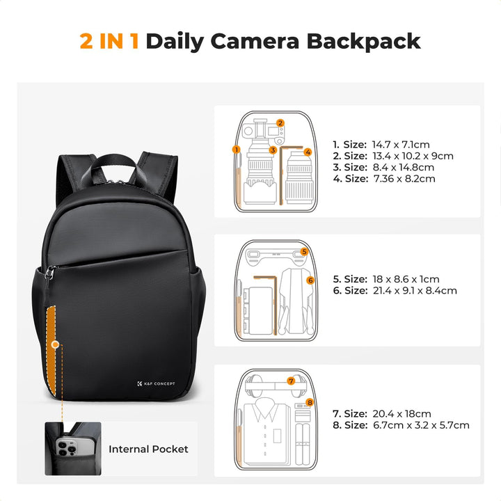 K&F CONCEPT Täglicher Kamerarucksack, Fotorucksack Klein Tragbar mit Verstellbarem Schultergurt für