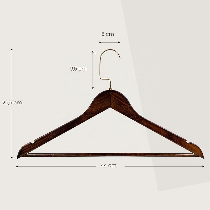 RSR-Hangers 10 Stück Kleiderbügel Holz Braun Holzkleiderbügel mit Hosensteg 44,5 cm | 360° drehbarer