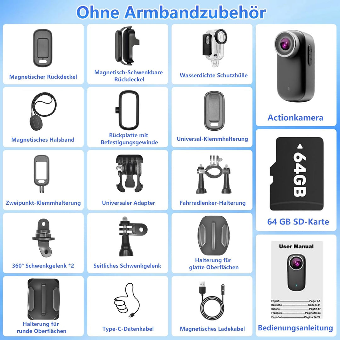 Mini Action Cam 4K WiFi mit Bildschirm und wasserfestes Gehäuse, 64GB UHD 150° Weitwinkel IP65 Bodyc