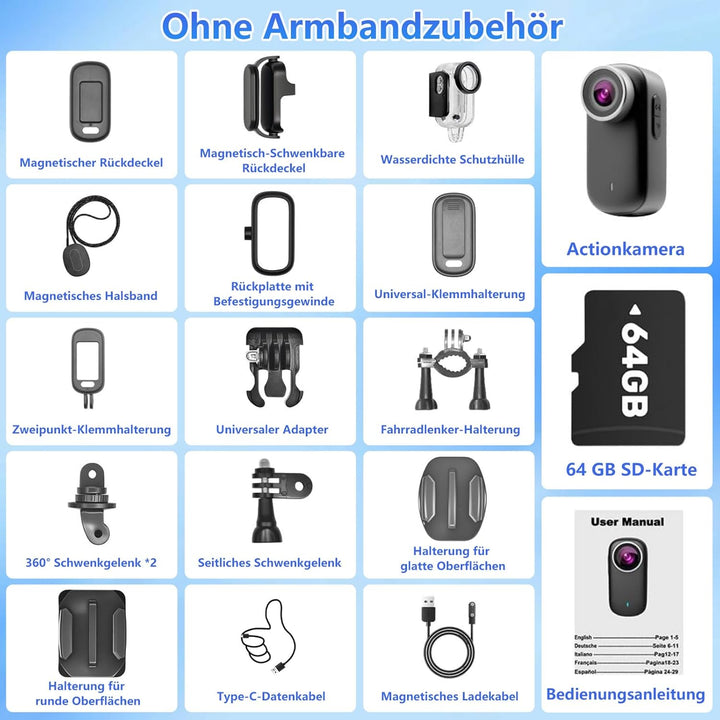 Mini Action Cam 4K WiFi mit Bildschirm und wasserfestes Gehäuse, 64GB UHD 150° Weitwinkel IP65 Bodyc