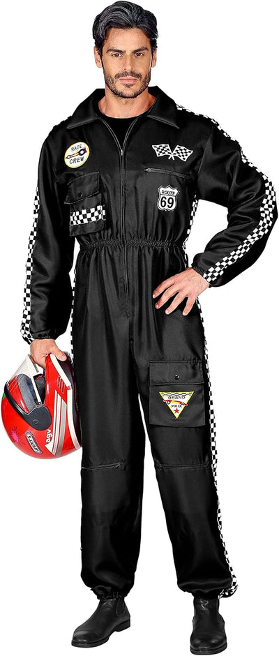 Widmann Rennfahrer Kostüm |Overall Jumpsuit schwarz | Verkleidung Beruf Anzug mit Taschen (schwarz,