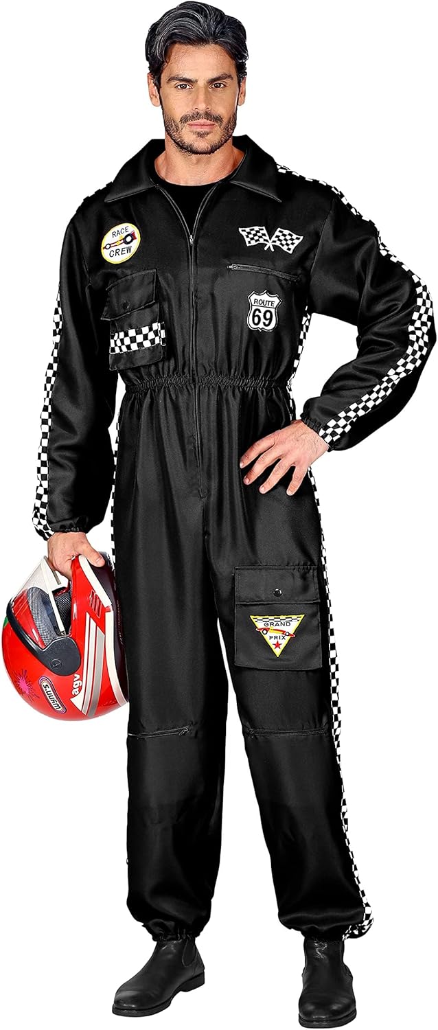 Widmann Rennfahrer Kostüm |Overall Jumpsuit schwarz | Verkleidung Beruf Anzug mit Taschen (schwarz,