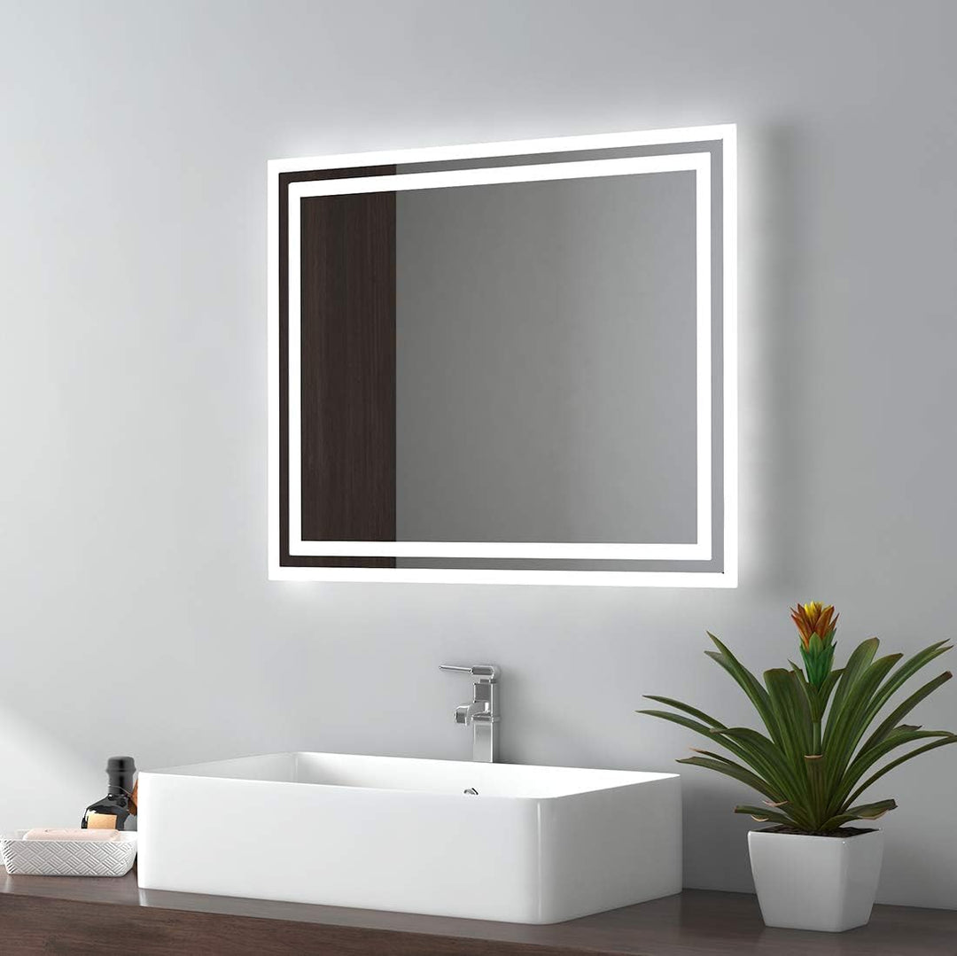 EMKE Badspiegel mit Beleuchtung 50x60cm, Badezimmerspiegel mit Kippschalter+Beschlagfrei+2 Lichtfarb