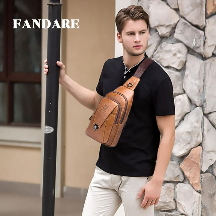 FANDARE Retro Brusttasche Leder Schultertasche Herren Sling Bag Geschäft Chest Bag Wasserdicht Umhän