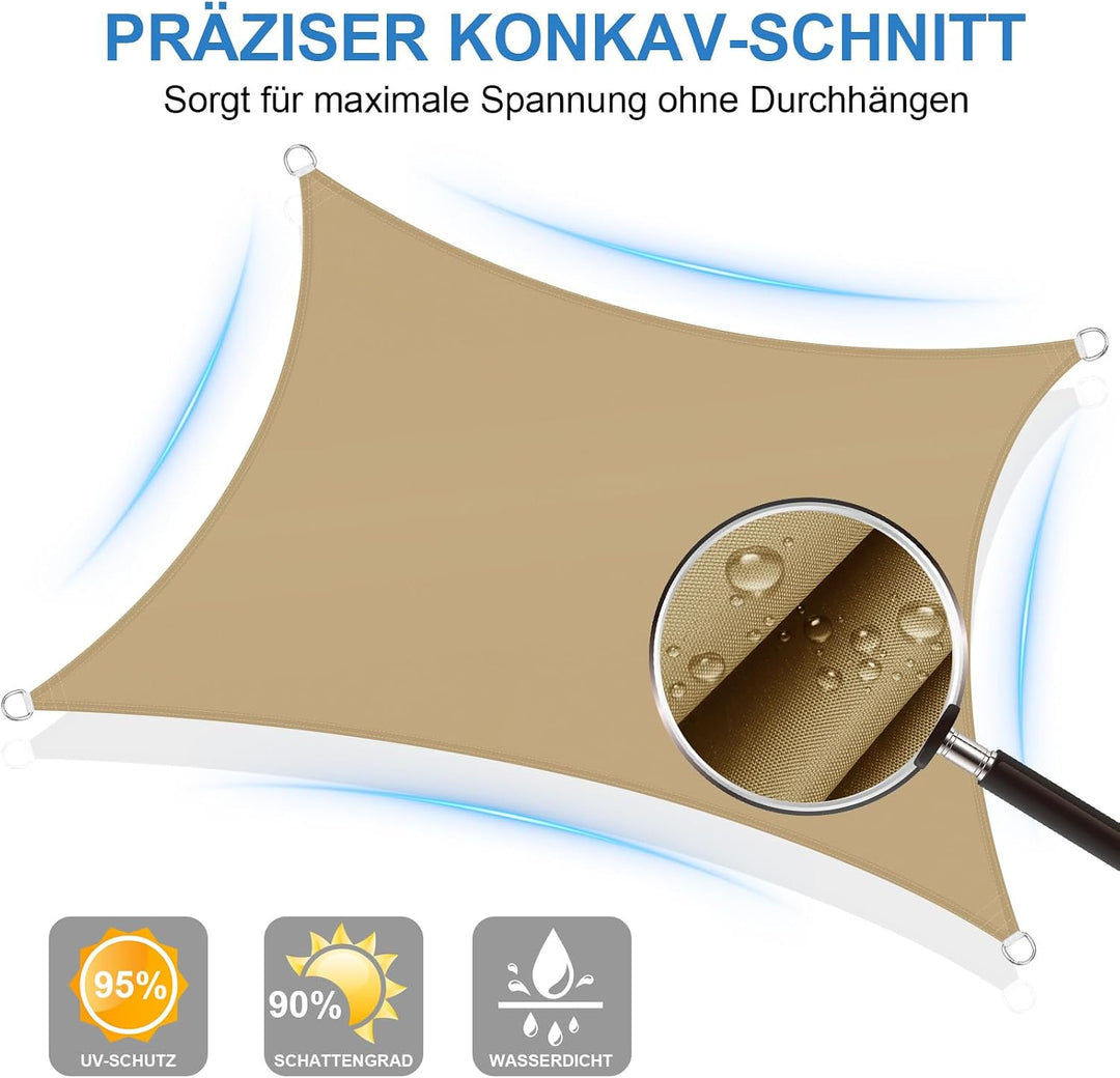 3x3m Sonnensegel Rechteckig, Wasserdicht Sonnenschutz Segeltuch Sunsegel, 95% UV Schutz, Regenschutz