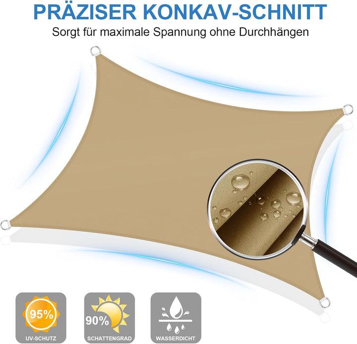 3x3m Sonnensegel Rechteckig, Wasserdicht Sonnenschutz Segeltuch Sunsegel, 95% UV Schutz, Regenschutz
