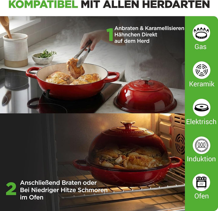 NutriChef Gusseisentopf zum Brotbacken 26 cm Dutch Oven Emailliert Rot – Mit Deckel und Griffen – In