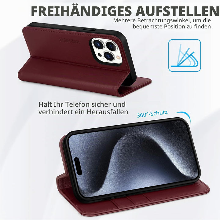 SHIELDON Hülle für iPhone 15 Pro Max, Handyhülle [Kartenfächer] [Echtes Rindsleder] [Standfunktion]