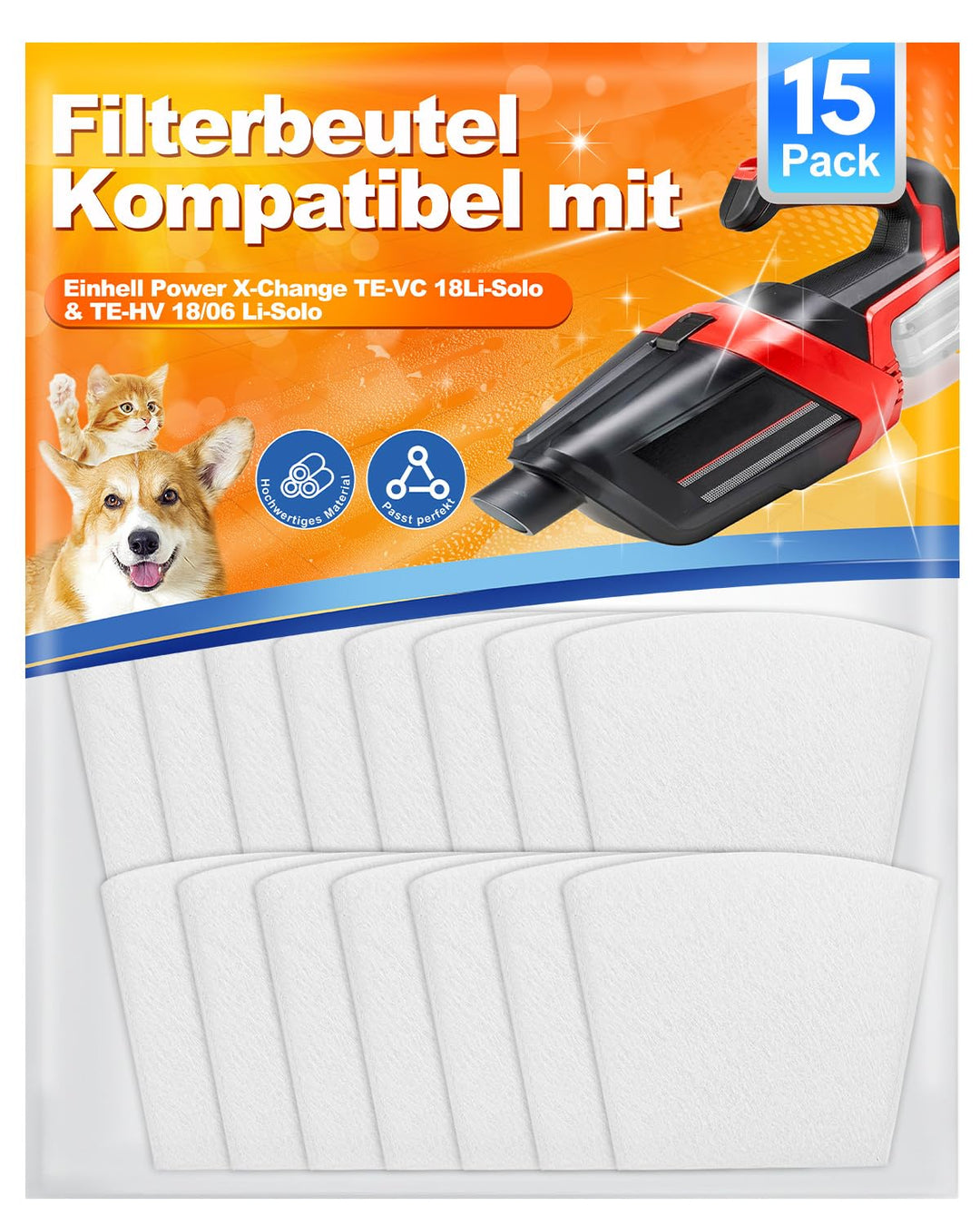 15er Pack Hochwertige Staubsaugerbeutel kompatibel mit Einhell Power X-Change TE-VC 18 Li-Solo & TE-